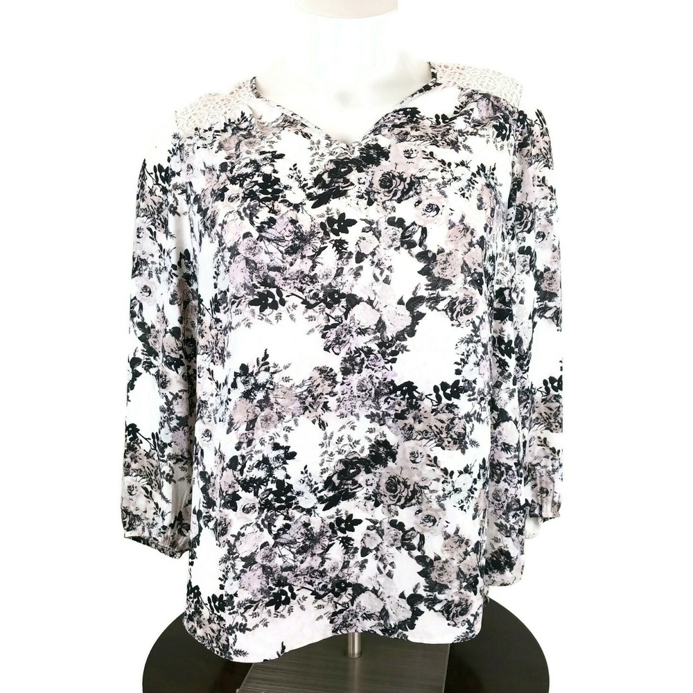 BLACK RAINN‎ CREAM & BLACK FLORAL LACE LONG SLEEVE SHEER TUNIC WOMEN'S PLUS 1X